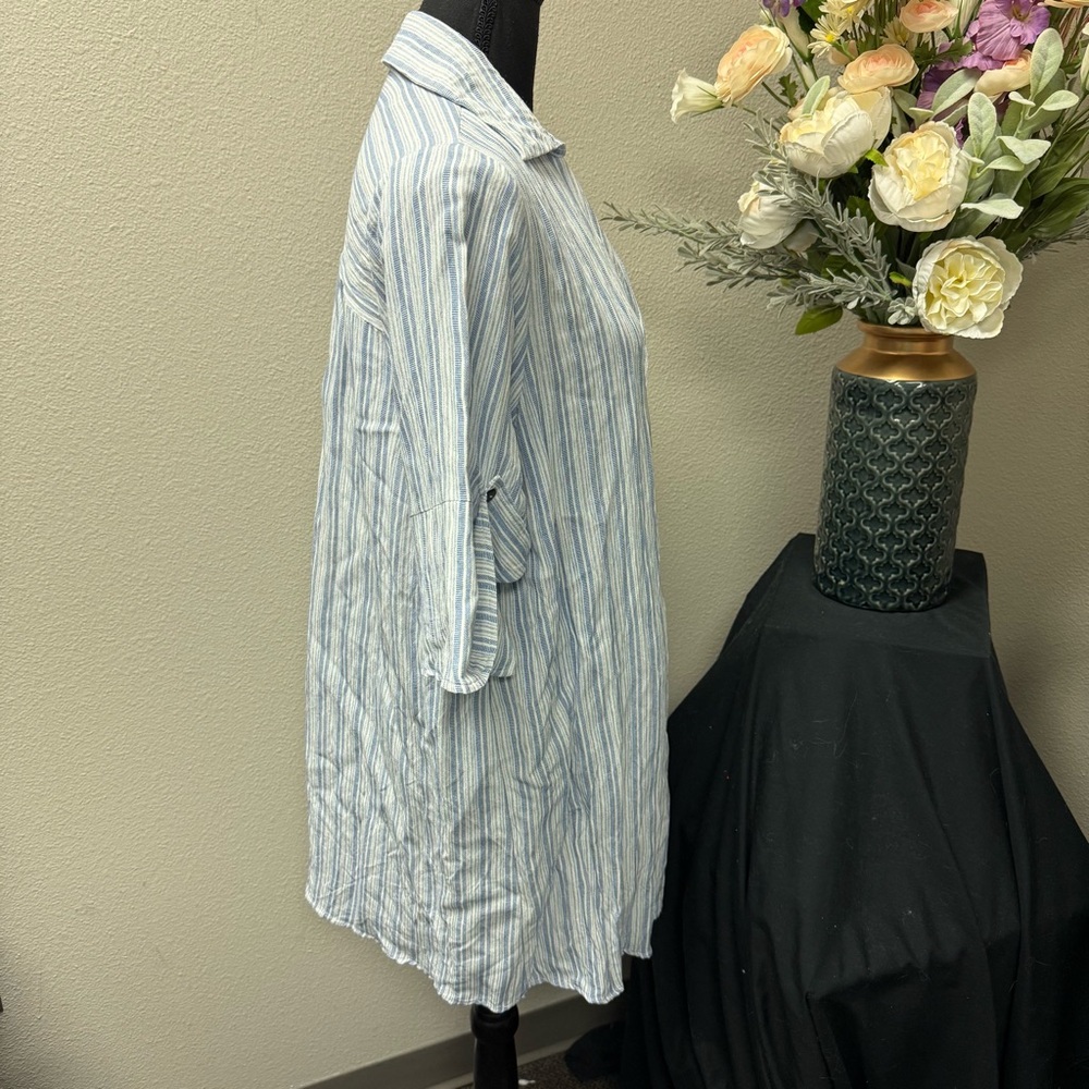 Umgee Blue White Stripe Linen Shirt Dress Roll Tab Sleeves XL - Picture 4 of 7